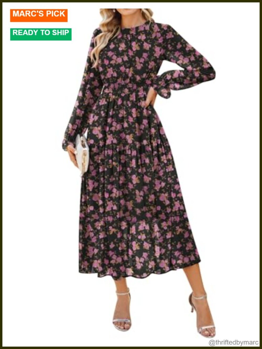 Floral Maxi Dress Long Sleeve Wedding Guest A-Line with Pockets